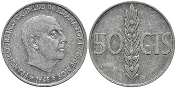 Испания 50 сентимо 1966 (67) Франциско Франко (1939-1975) KM 795 алюминий 4576-1223