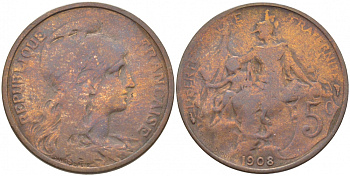 ФРАНЦИЯ 5 САНТИМОВ 1908 ТИП ДАНИЭЛЬ ДЮПЮИ KM 842, LE FRANC 119.19 бронза 4448-153