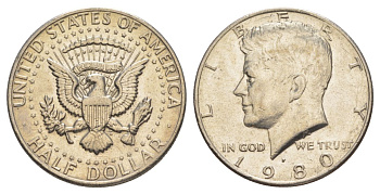 США 1/2 доллара (50 центов) 1980 P, Джон Кеннеди KM A202b медь плакированная медно-никелем aUNC 4517-445