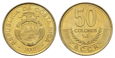 Коста-Рика 50 колонов 2002 KM 231.1a алюминиевая бронза UNC 183-1051