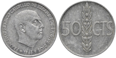 Испания 50 сентимо 1966 (67) Франциско Франко (1939-1975) KM 795 алюминий 4576-1223