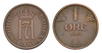 Норвегия 1 эре 1951 Хокон VII (1905-1957) KM 367 бронза 4632-1062