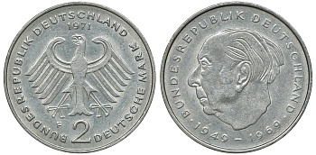 ФРГ 2 марки 1973 F, Теодор Хойс, 20 лет Федеративной Республике (1949-1969) KM A127, J. 407 медно-никель плакированный никелем плакированный никелем UNC 72-534