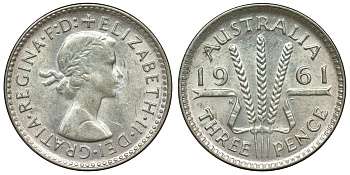 Австралия 3 пенса 1961 m, Елизавета II (1952-2022) KM 57 серебро 71-669