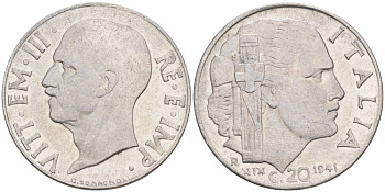 ИТАЛИЯ 20 ЧЕНТЕЗИМО 1941 R, ГОД XIX, ВИКТОР ЭММАНУИЛ III (1900-1946) KM 75b, VEM3. 1028 нержавеющая сталь 3853-841