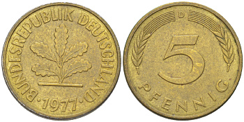 ФРГ 5 ПФЕННИГОВ 1977 D KM 107, J. 382 сталь плакированная латунью 4181-953