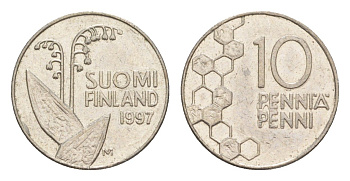 Финляндия 10 пенни 1997 KM 65 медно-никель 4647-358