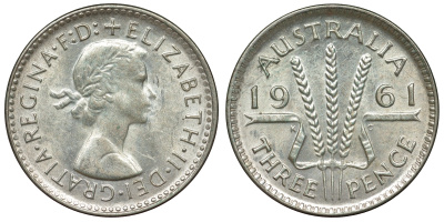 Австралия 3 пенса 1961 m, Елизавета II (1952-2022) KM 57 серебро 71-669