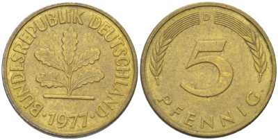 ФРГ 5 ПФЕННИГОВ 1977 D KM 107, J. 382 сталь плакированная латунью 4181-953