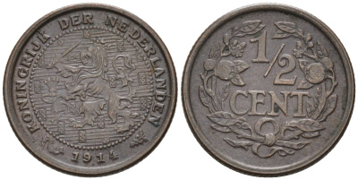 Нидерланды 1/2 цента 1914 Вильгельмина (1890-1948) KM 138 бронза 4576-356