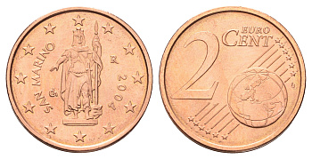 Сан-Марино 2 евроцента 2004 KM 441 сталь плакированная медью UNC 206-127