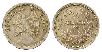 Чили 20 сентаво 1940 KM 167 медно-никель 4688-317