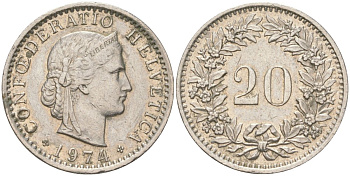 Швейцария 20 раппенов 1974 KM 29a медно-никель 4621-926