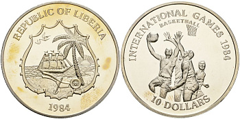 Либерия 10 долларов 1984 международные игры по баскетболу KM X 2 медно-никель PROOF 04-326-34