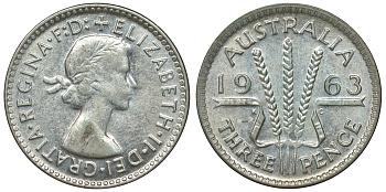 Австралия 3 пенса 1963 m, Елизавета II (1952-2022) KM 57 серебро 71-937