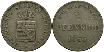 Саксен-Мейнинген 2 пфеннига 1863 Бернгард II (1803-1866) KM 171 медь 99-642