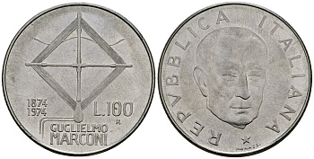 Италия 100 лир 1974 100 лет со дня рождения Гульельмо Маркони KM 102 нержавеющая сталь 4137-243
