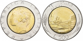 ИТАЛИЯ 500 ЛИР 1991 R KM 111 биметалл 186-237