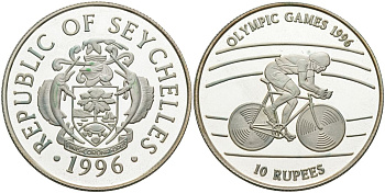 Сейшельские острова 10 рупий 1996 олимпийские игры 1996 года, велоспорт KM 87 серебро PROOF 1096-1-64