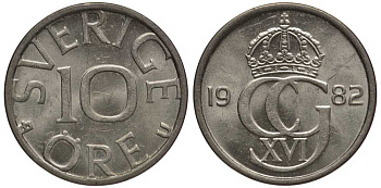 Швеция 10 эре 1982 U, Карл XVI Густав (1973- ) KM 850 медно-никель 112-916