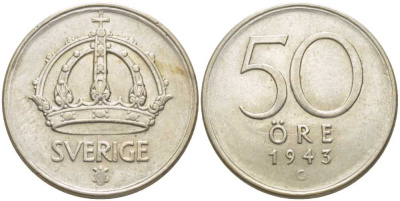 Швеция 50 эре 1943 G, Густав V (1907-1950) KM 817 серебро XF 119-1042