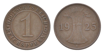 Германия 1 рейхспфенниг 1925 E KM 37, J. 313 бронза 4644-1033