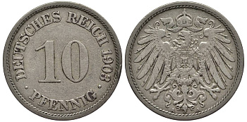 Германия 10 пфеннигов 1903 A KM 12, Jager 13, Weege 8 медно-никель 219-354