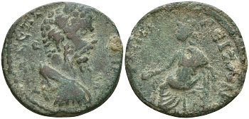 Римская Империя, Провинция Македония, Амфиполь AE 193 - 211 Септимий Север, бюст императора / богиня Тихе, сидящая на троне Varbanov 3263 бронза 1100-6-55