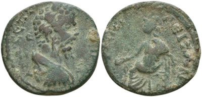 Римская Империя, Провинция Македония, Амфиполь AE 193 - 211 Септимий Север, бюст императора / богиня Тихе, сидящая на троне Varbanov 3263 бронза 1100-6-55