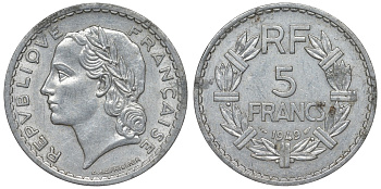 Франция 5 франков 1949 closed 9 KM 888b.1, Le Franc 339.17 алюминий 4123-536