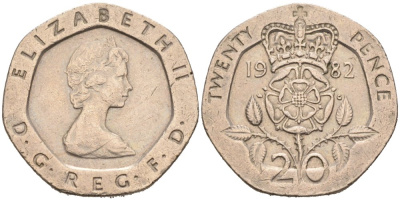 Великобритания 20 пенсов 1982 Елизавета II (1952-2022) KM 931, Spink 4230 (G1) медно-никель 4513-255