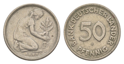 ФРГ 50 пфеннигов 1949 F KM 104, J. 379 медно-никель 4636-825