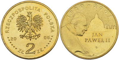 Польша 2 злотых 2005 MW, папа Иоанн Павел II (1920-2005) KM 525, Parchimowicz 953 латунь 4539-347