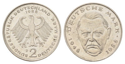 ФРГ 2 марки 1988 D, Людвиг Эрхард, 40 лет Федеративной Республике (1948-1988) KM 170, J. 445 медно-никель 3459-1015