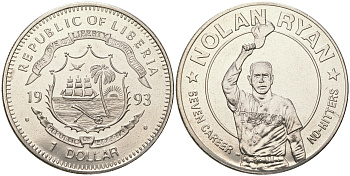 Либерия 1 доллар 1993 Нолан Райан, бейсбол KM 101 медно-никель  UNC  4368-111