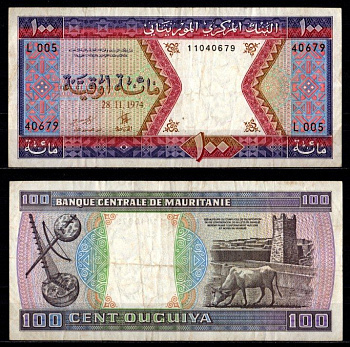 Мавритания 100 угий 1974 Pick 4 a(2) 7214-62-3-2 бумага UNC (пресс) 7214-62-2-1
