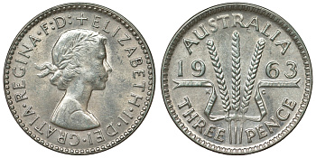 Австралия 3 пенса 1963 m, Елизавета II (1952-2022) KM 57 серебро 71-947