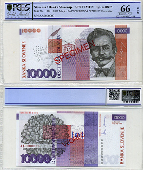 Словения 10000 толаров 1994 Иван Цанкар (1876-1918), Specimen, образец, в слабе PCGS 66 Gem UNC Pick 20s бумага UNC (пресс) 452-1-35