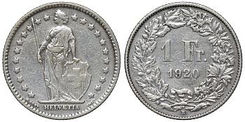 Швейцария 1 франк 1920 В  KM 24  серебро    4116-653