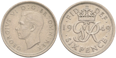 Великобритания 6 пенсов 1949 Георг VI (1936-1952) KM 875, Spink 4110 медно-никель 192-226