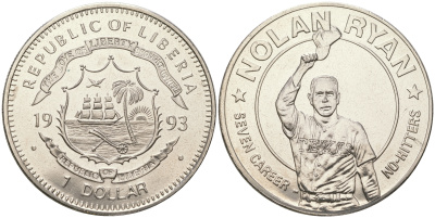 Либерия 1 доллар 1993 Нолан Райан, бейсбол KM 101 медно-никель  UNC  4368-111