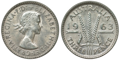 Австралия 3 пенса 1963 m, Елизавета II (1952-2022) KM 57 серебро 71-947