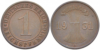 Германия 1 рейхспфенниг 1931 A KM 37, J. 313 бронза 116-758