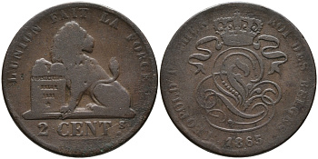 БЕЛЬГИЯ 2 САНТИМА 1865 BELGES KM 4.2 медь 95-652