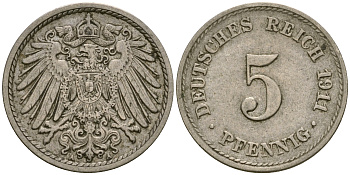 Германия 5 пфеннигов 1911 A KM 11, J. 12, Weege 6 медно-никель 25-1145