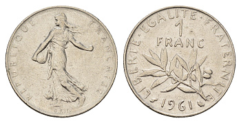 Франция 1 франк 1961 KM 925 никель 186-237