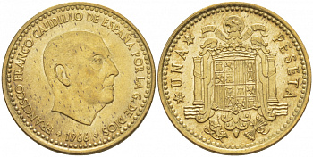 ИСПАНИЯ 1 ПЕСЕТА 1966 (69) ФРАНСИСКО ФРАНКО ДИКТАТОР ИСПАНИИ (1939-1975) КМ 796 алюминиевая бронза 87-1445