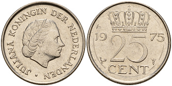 Нидерланды 25 центов 1975 Юлиана (1949-1980) KM 183 никель    4598-514