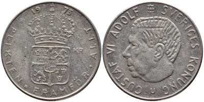 Швеция 1 крона 1973 Густав VI Адольф (1950-1973) KM 826а медь плакированная медно-никелем 4395-234