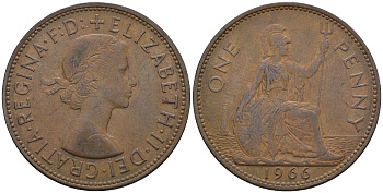 Великобритания 1 пенни 1966 Елизавета II (1952-2022) KM 897, Spink 4157 бронза 4607-1134